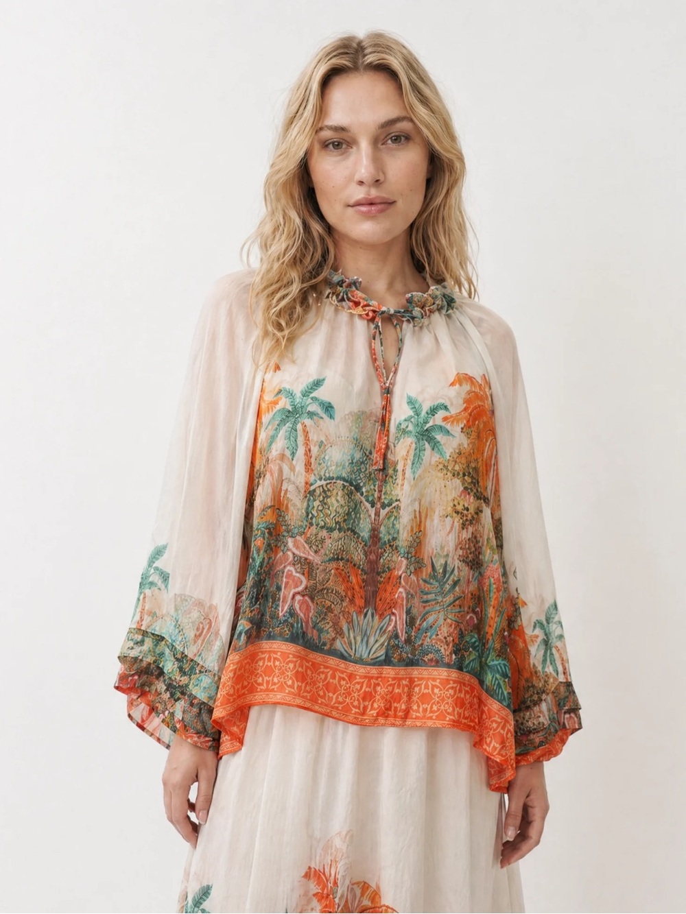 Made in Italy Bohemian Floral-Print Sheer Blouse in Ivory and Orange